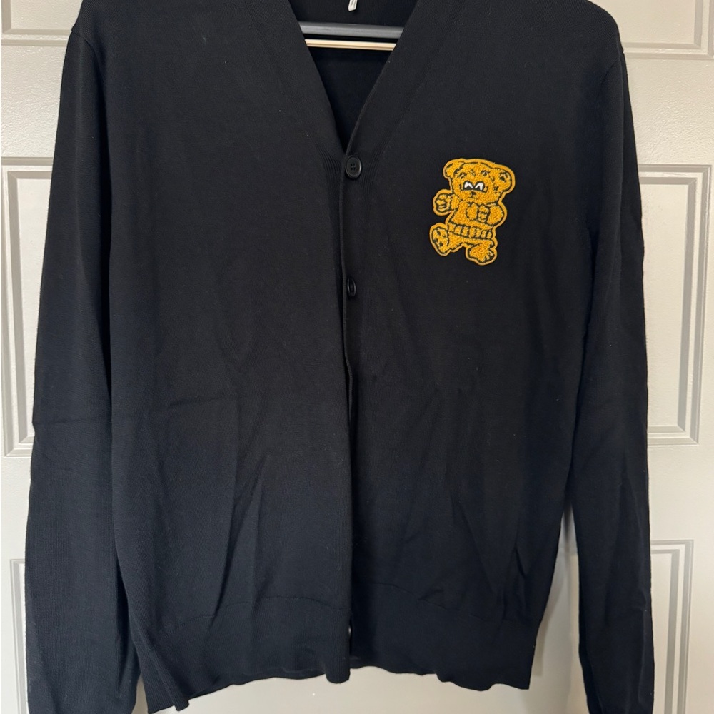 Sandro Black Cardigan with Gold Bear Patch